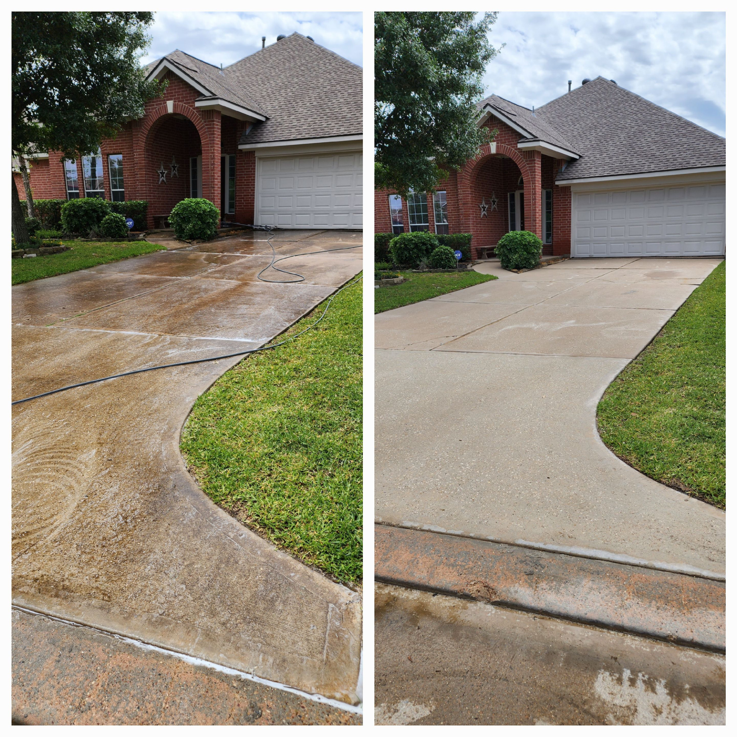 A driveway before and after professional pressure washing