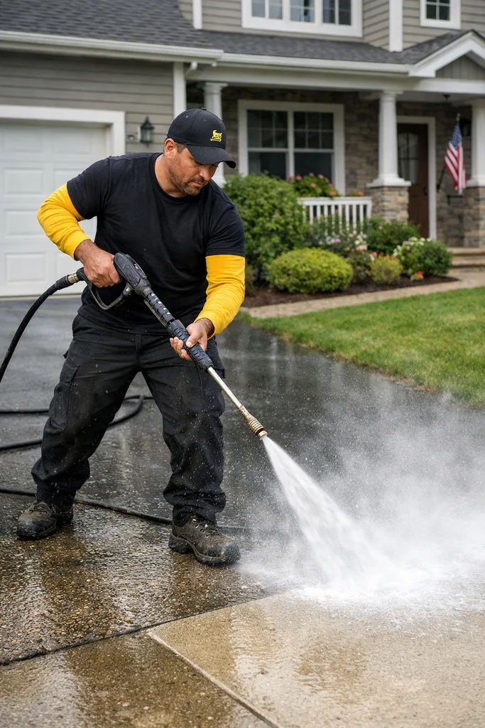 A professional technician pressure washing a residential driveway